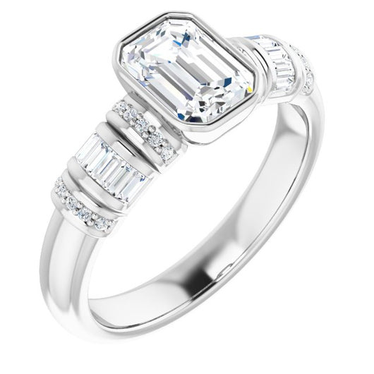 10K White Gold Customizable Bezel-set Emerald/Radiant Cut Setting with Wide Sleeve-Accented Band