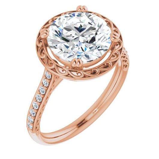 10K Rose Gold Customizable Round Cut Halo Design with Filigree and Accented Band