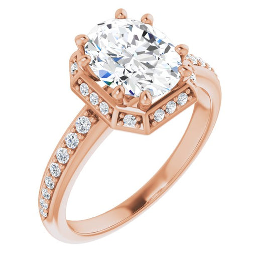 10K Rose Gold Customizable Oval Cut Design with Geometric Under-Halo and Shared Prong Band