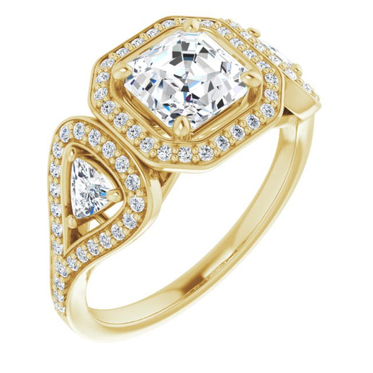 10K Yellow Gold Customizable Cathedral-set Asscher Cut Design with 2 Trillion Cut Accents, Halo and Split-Shared Prong Band