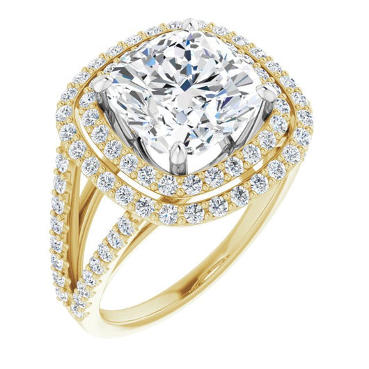 14K Yellow & White Gold Customizable Cushion Cut Design with Double Halo and Wide Split-Pavé Band