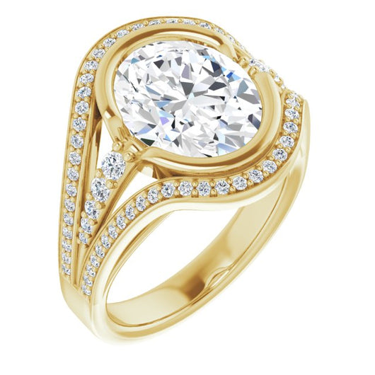 10K Yellow Gold Customizable Cathedral-Bezel Oval Cut Design with Wide Triple-Split-Pavé Band