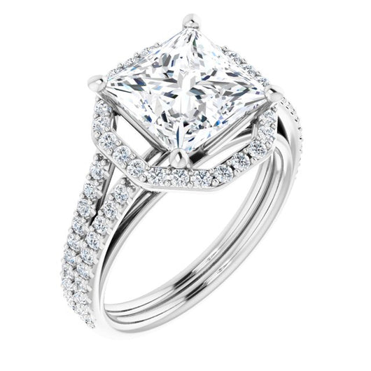 10K White Gold Customizable Cathedral Princess/Square Cut Design with Geometric Halo & Split Pavé Band