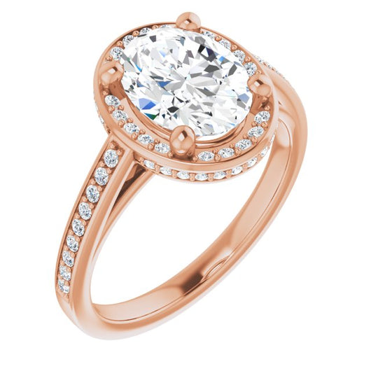 10K Rose Gold Customizable Cathedral-Halo Oval Cut Design with Under-halo & Shared Prong Band