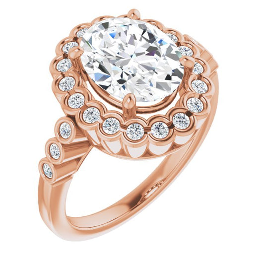 10K Rose Gold Customizable Oval Cut Design with Round-bezel Halo and Band Accents