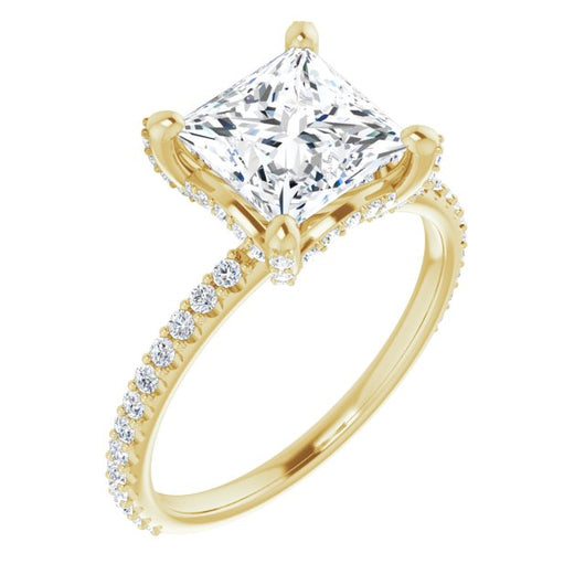 10K Yellow Gold Customizable Princess/Square Cut Design with Round-Accented Band, Micropav? Under-Halo and Decorative Prong Accents)