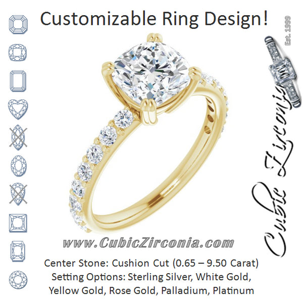 Cubic Zirconia Engagement Ring- The Chandita (Customizable Cushion Cut Design with Large Round Cut 3/4 Band Accents)