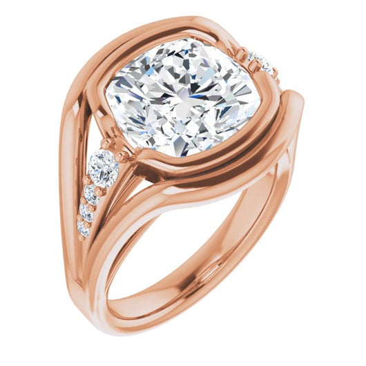 10K Rose Gold Customizable 9-stone Cushion Cut Design with Bezel Center, Wide Band and Round Prong Side Stones