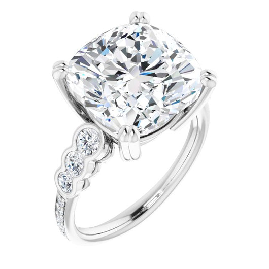 10K White Gold Customizable Cushion Cut 7-stone Style Enhanced with Bezel Accents and Shared Prong Band