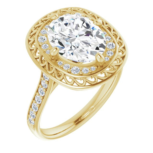 10K Yellow Gold Customizable Cathedral-style Oval Cut featuring Cluster Accented Filigree Setting & Shared Prong Band