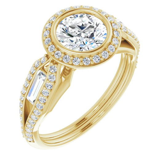 10K Yellow Gold Customizable Cathedral-Bezel Round Cut Design with Halo, Split-Pavé Band & Channel Baguettes