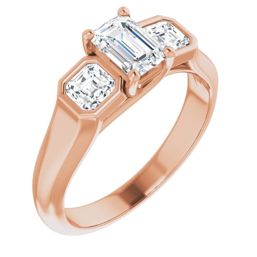 10K Rose Gold Customizable 3-stone Cathedral Emerald/Radiant Cut Design with Twin Asscher Cut Side Stones