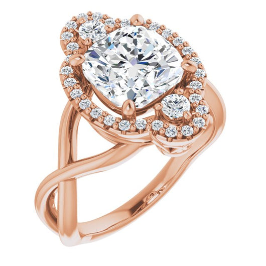 10K Rose Gold Customizable Vertical 3-stone Cushion Cut Design Enhanced with Multi-Halo Accents and Twisted Band