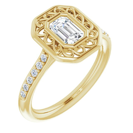 10K Yellow Gold Customizable Cathedral-Bezel Emerald/Radiant Cut Design with Floral Filigree and Thin Shared Prong Band