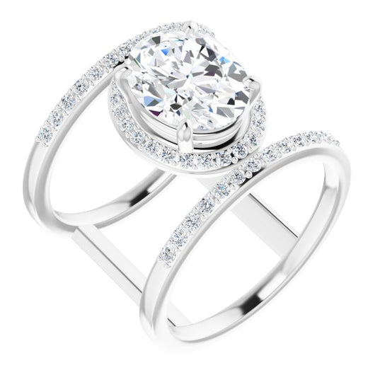 10K White Gold Customizable Oval Cut Halo Design with Open, Ultrawide Harness Double Pavé Band