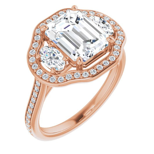 10K Rose Gold Customizable Emerald/Radiant Cut Style with Oval Cut Accents, 3-stone Halo & Thin Shared Prong Band