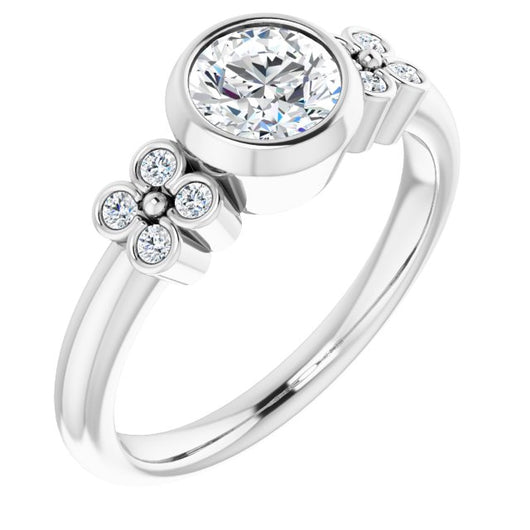 10K White Gold Customizable 9-stone Bezel-set Round Cut Design with Quad Round Bezel Side Stones Each Side