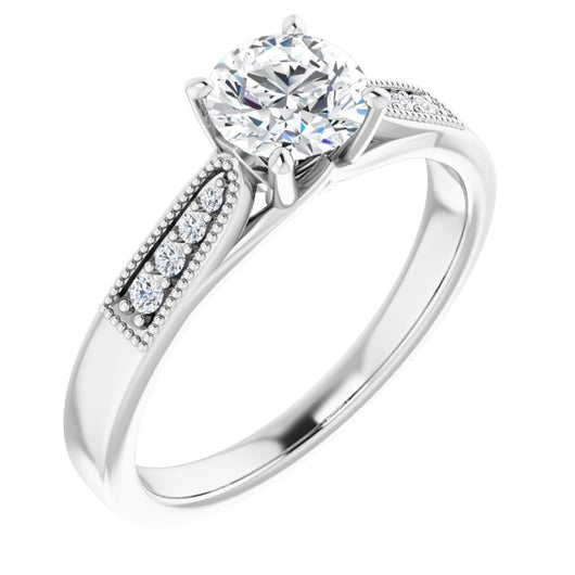 10K White Gold Customizable 9-stone Vintage Design with Round Cut Center and Round Band Accents