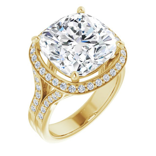 10K Yellow Gold Customizable Cushion Cut Halo Style with Accented Split-Band