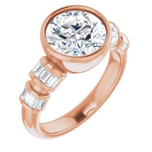 10K Rose Gold Customizable Bezel-set Round Cut Design with Quad Horizontal Band Sleeves of Baguette Accents