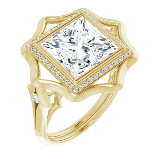 10K Yellow Gold Customizable Bezel-set Princess/Square Cut with Halo & Oversized Floral Design