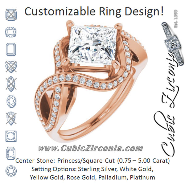 Cubic Zirconia Engagement Ring- The Gwenyth (Customizable Princess/Square Cut Design with Twisting, Infinity-Shared Prong Split Band and Bypass Semi-Halo)