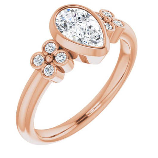 10K Rose Gold Customizable 9-stone Bezel-set Pear Cut Design with Quad Round Bezel Side Stones Each Side