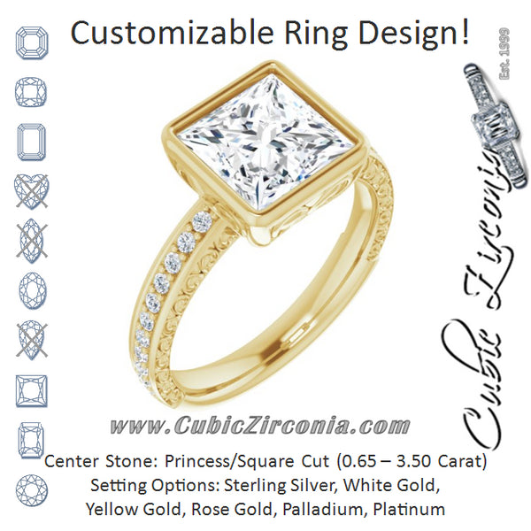 Cubic Zirconia Engagement Ring- The Araceli (Customizable Bezel-set Princess/Square Cut Design with Cloud-pattern Band & Semi-Eternity Accents)