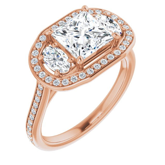 10K Rose Gold Customizable Princess/Square Cut Style with Oval Cut Accents, 3-stone Halo & Thin Shared Prong Band