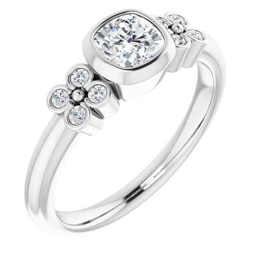 10K White Gold Customizable 9-stone Bezel-set Cushion Cut Design with Quad Round Bezel Side Stones Each Side