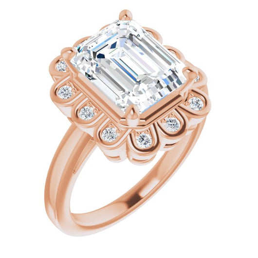 10K Rose Gold Customizable 9-stone Emerald/Radiant Cut Design with Round Bezel Side Stones