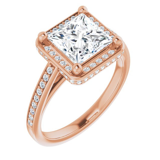 10K Rose Gold Customizable Cathedral-Halo Princess/Square Cut Design with Under-halo & Shared Prong Band