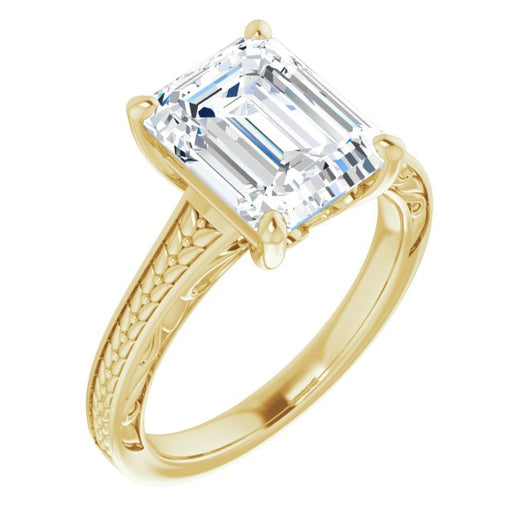 10K Yellow Gold Customizable Emerald/Radiant Cut Solitaire with Organic Textured Band and Decorative Prong Basket