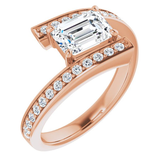 10K Rose Gold Customizable Faux-Bar-set Emerald/Radiant Cut Design with Accented Bypass Band