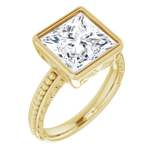 10K Yellow Gold Customizable Bezel-set Princess/Square Cut Solitaire with Beaded and Carved Three-sided Band