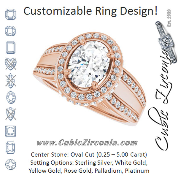 Cubic Zirconia Engagement Ring- The Deena (Customizable Halo-style Oval Cut with Under-halo & Ultra-wide Band)