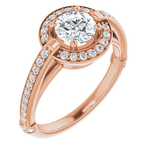 10K Rose Gold Customizable High-Cathedral Round Cut Design with Halo and Shared Prong Band