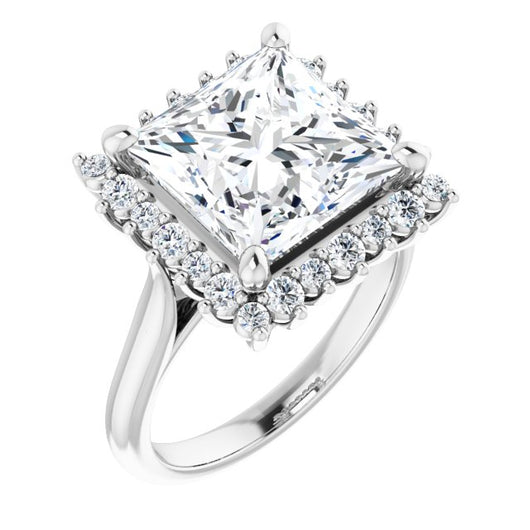 10K White Gold Customizable Crown-Cathedral Princess/Square Cut Design with Clustered Large-Accent Halo & Ultra-thin Band