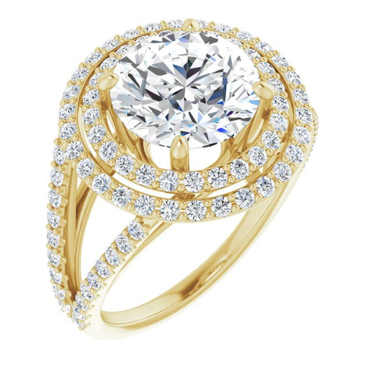 10K Yellow Gold Customizable Round Cut Design with Double Halo and Wide Split-Pavé Band