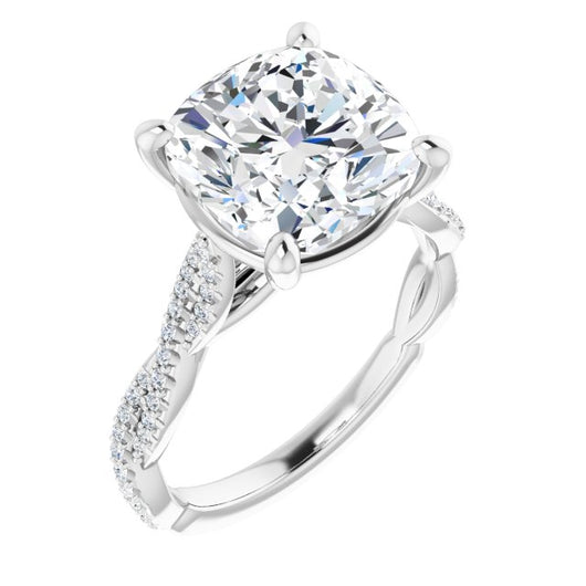 10K White Gold Customizable Cushion Cut Style with Thin and Twisted Micropavé Band