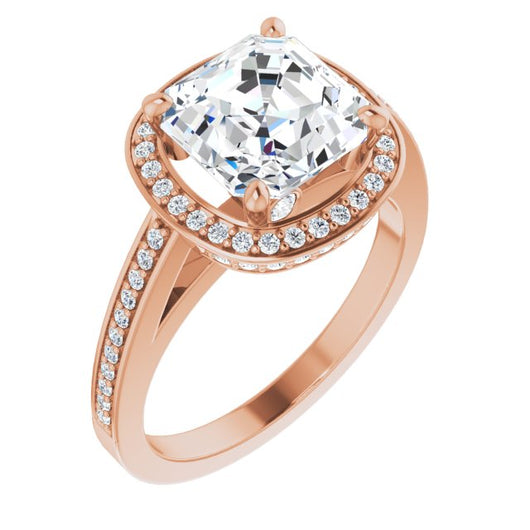 10K Rose Gold Customizable Cathedral-set Asscher Cut Design with Halo, Thin Pavé Band & Round-Bezel Peekaboos