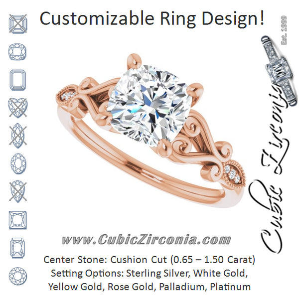 Cubic Zirconia Engagement Ring- The Annika (Customizable 7-stone Design with Cushion Cut Center Plus Sculptural Band and Filigree)