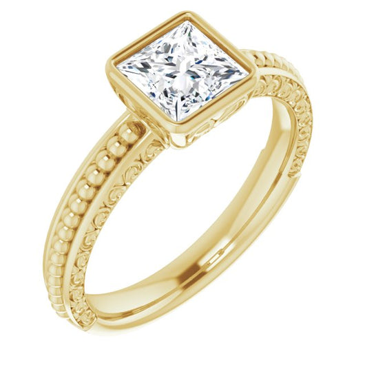 10K Yellow Gold Customizable Bezel-set Princess/Square Cut Solitaire with Beaded and Carved Three-sided Band