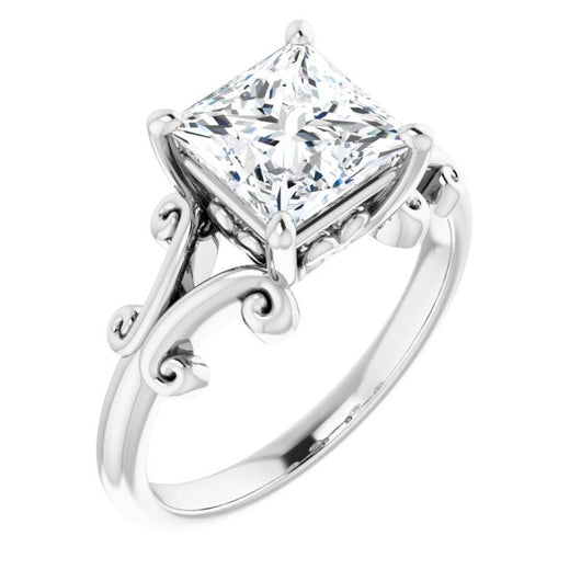 10K White Gold Customizable Princess/Square Cut Solitaire with Band Flourish and Decorative Trellis