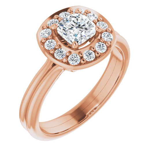 10K Rose Gold Customizable Cluster-Halo Accented Cushion Cut Style with Tapered Dual Band