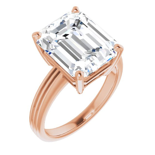 10K Rose Gold Customizable Emerald/Radiant Cut Solitaire with Double-Grooved Band