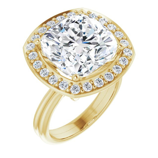 10K Yellow Gold Customizable Cluster-Halo Accented Cushion Cut Style with Tapered Dual Band