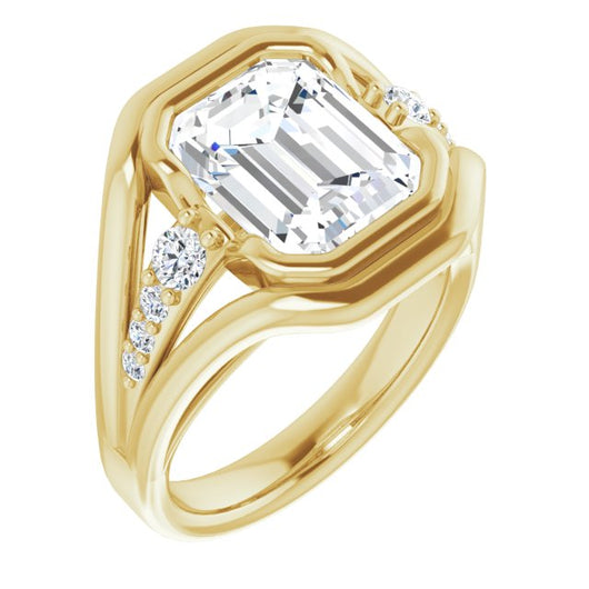 10K Yellow Gold Customizable 9-stone Emerald/Radiant Cut Design with Bezel Center, Wide Band and Round Prong Side Stones