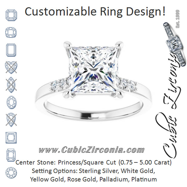 Cubic Zirconia Engagement Ring- The Kayla Love (Customizable 7-stone Princess/Square Cut Cathedral Style with Triple Graduated Round Cut Side Stones)