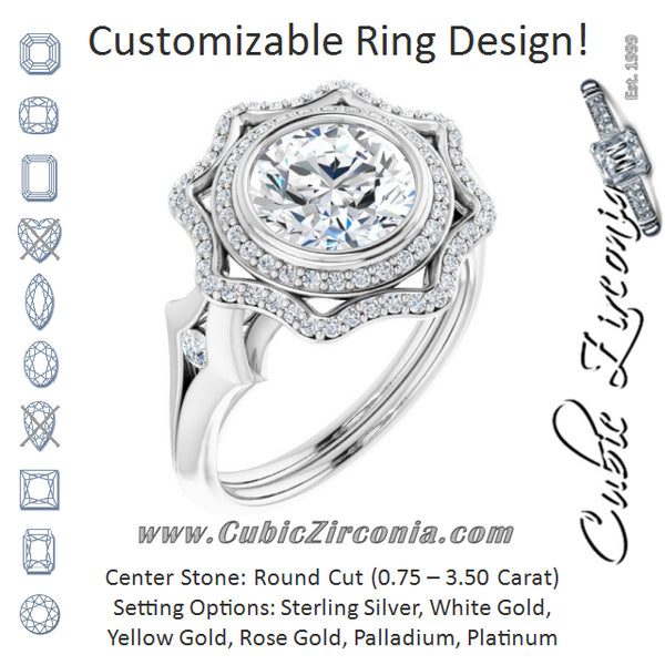 Cubic Zirconia Engagement Ring- The Cyra (Customizable Cathedral-bezel Round Cut Design with Floral Double Halo and Channel-Accented Split Band)